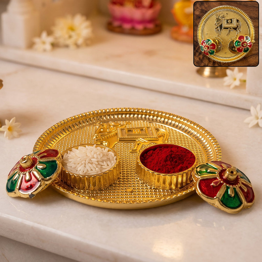 Cow design kankavati kumkum holder, golden pooja thali with compartments (1 pc)