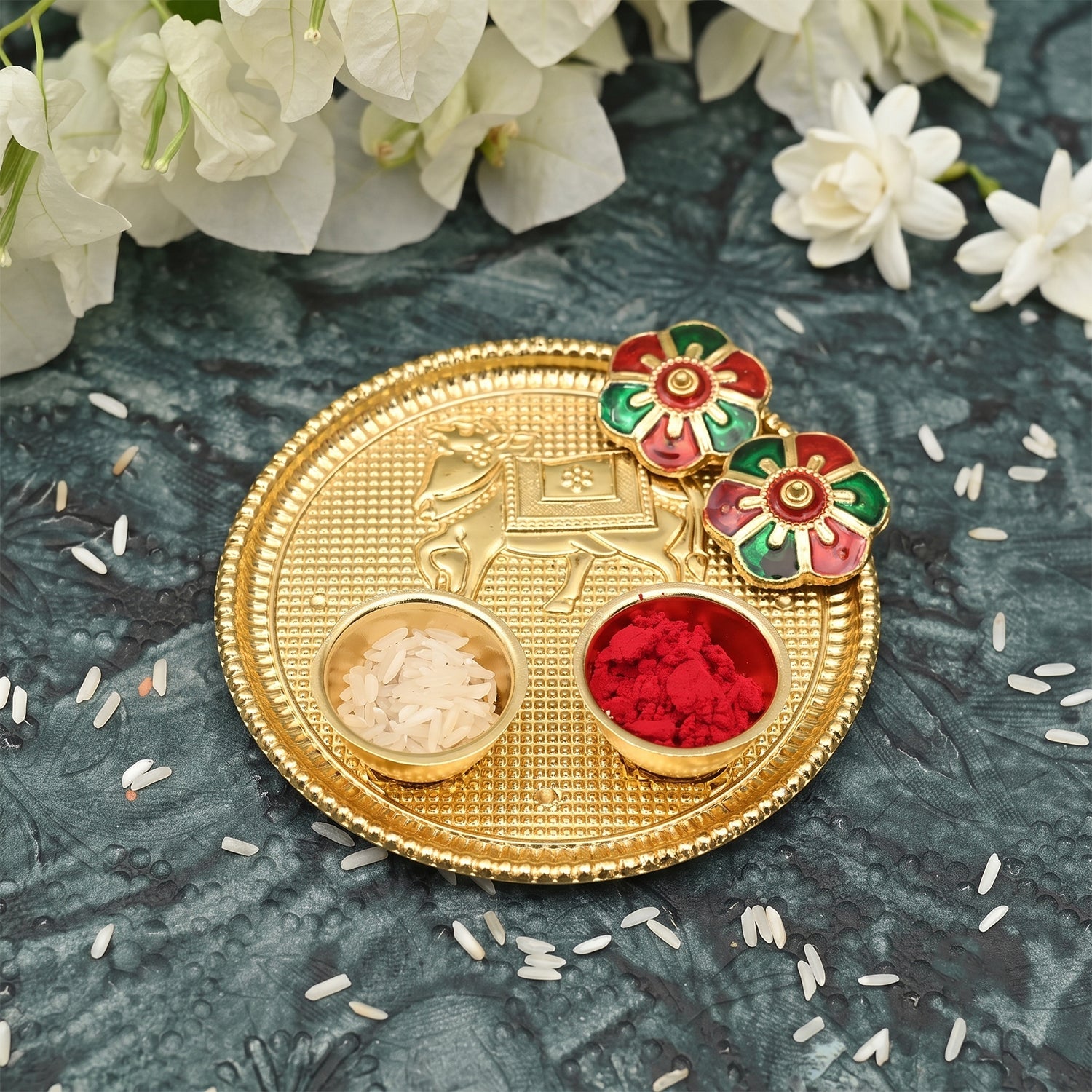 Decorative cow pooja thali with compartments for offerings