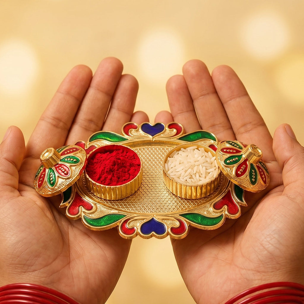 Decorative kankavati kumkum holder, golden enamel pooja thali with bowls (1 pc)