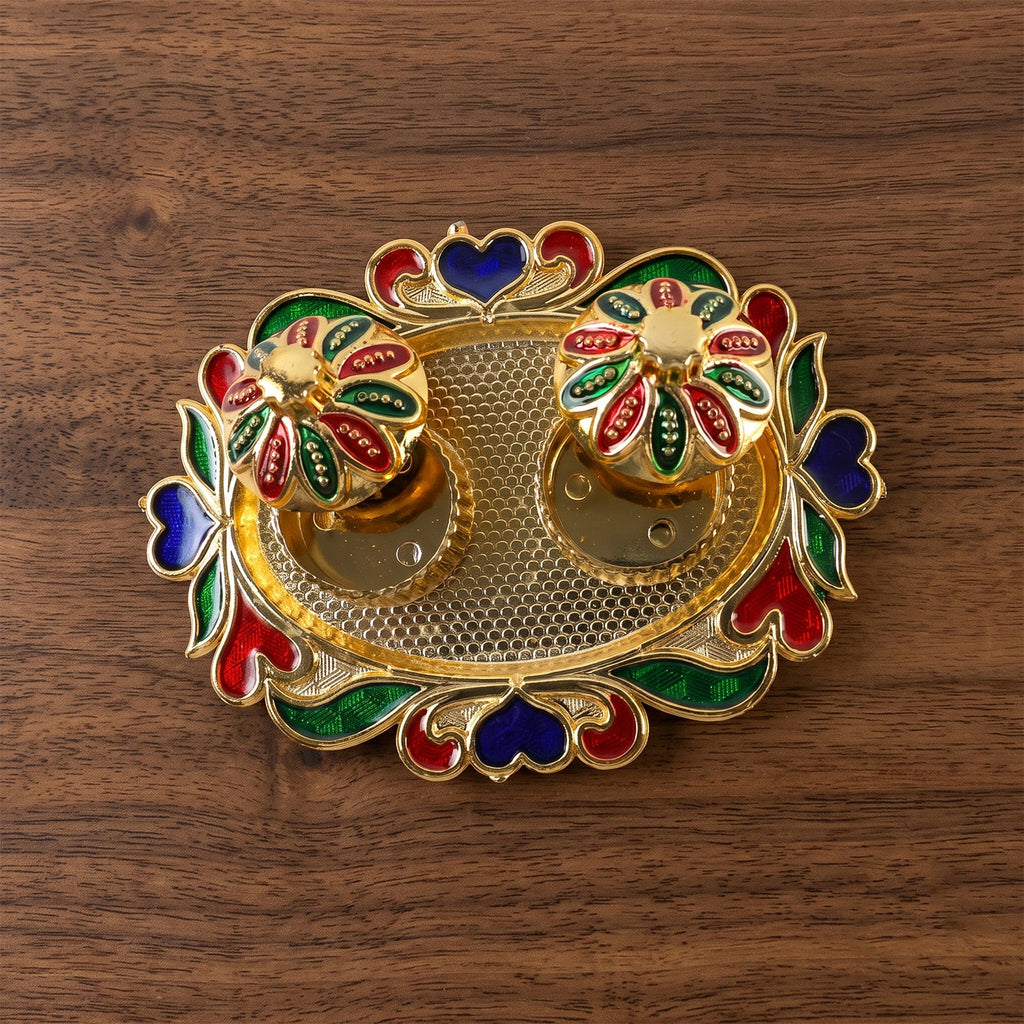 Decorative pooja thali with bowls for kumkum and sindoor