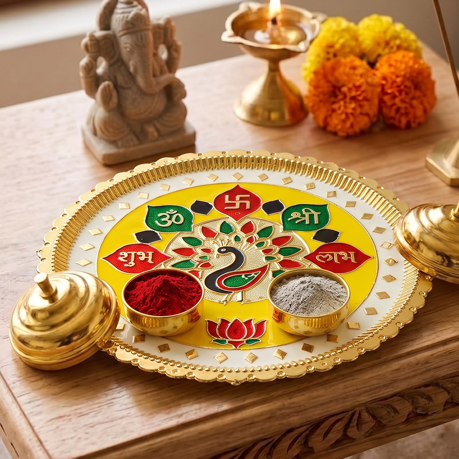 Decorative puja plate with kumkum bowls for aarti and rituals