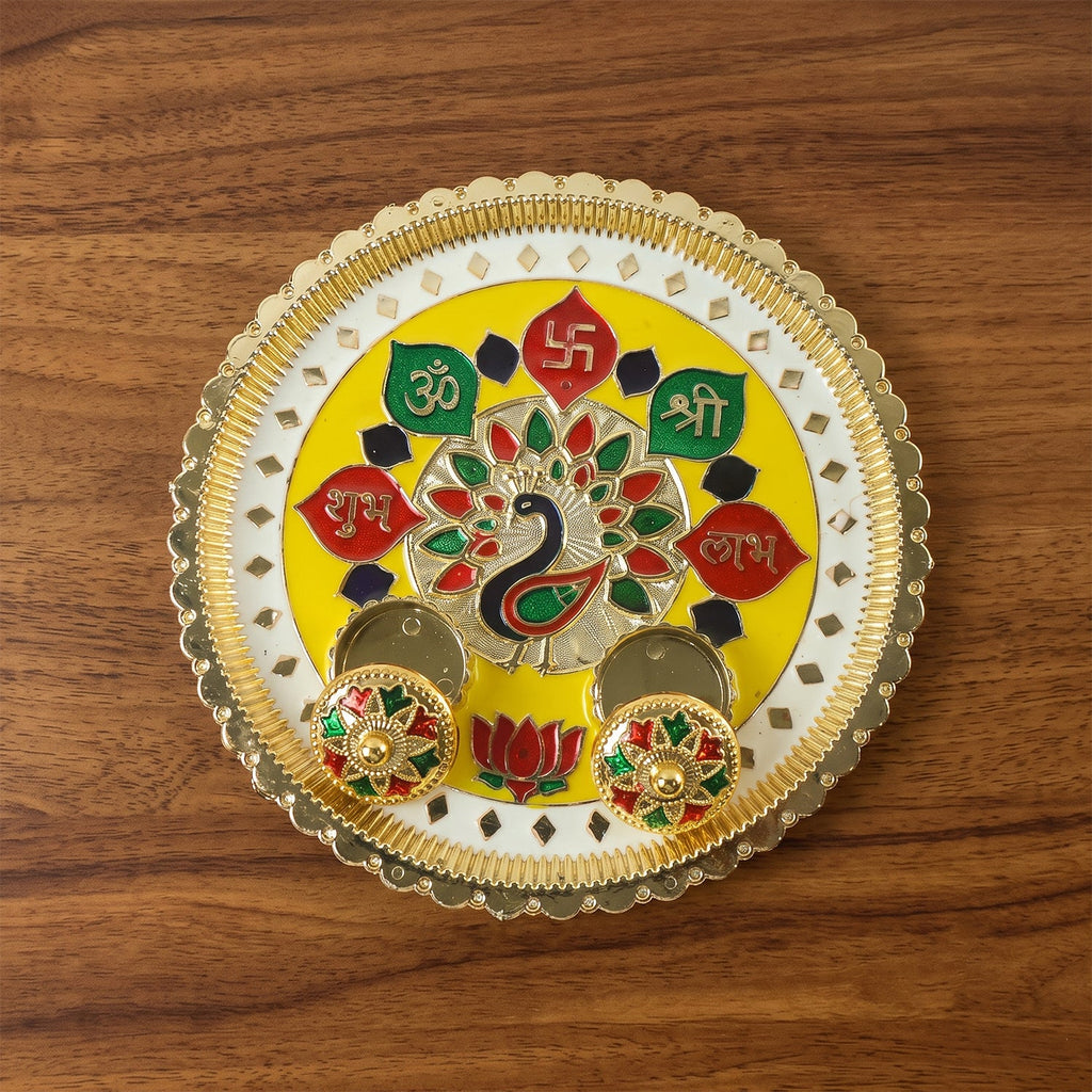 Ornate golden pooja thali for Diwali, weddings and ceremonies