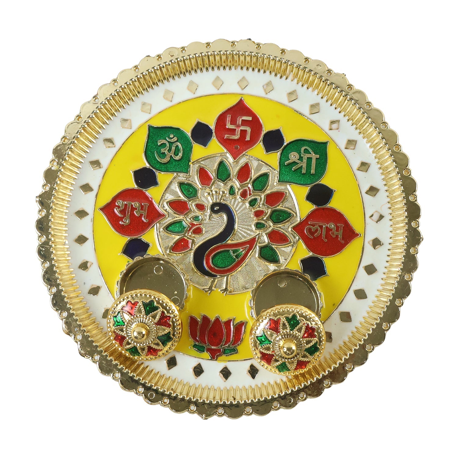 Traditional meenakari puja plate with compartments for offerings