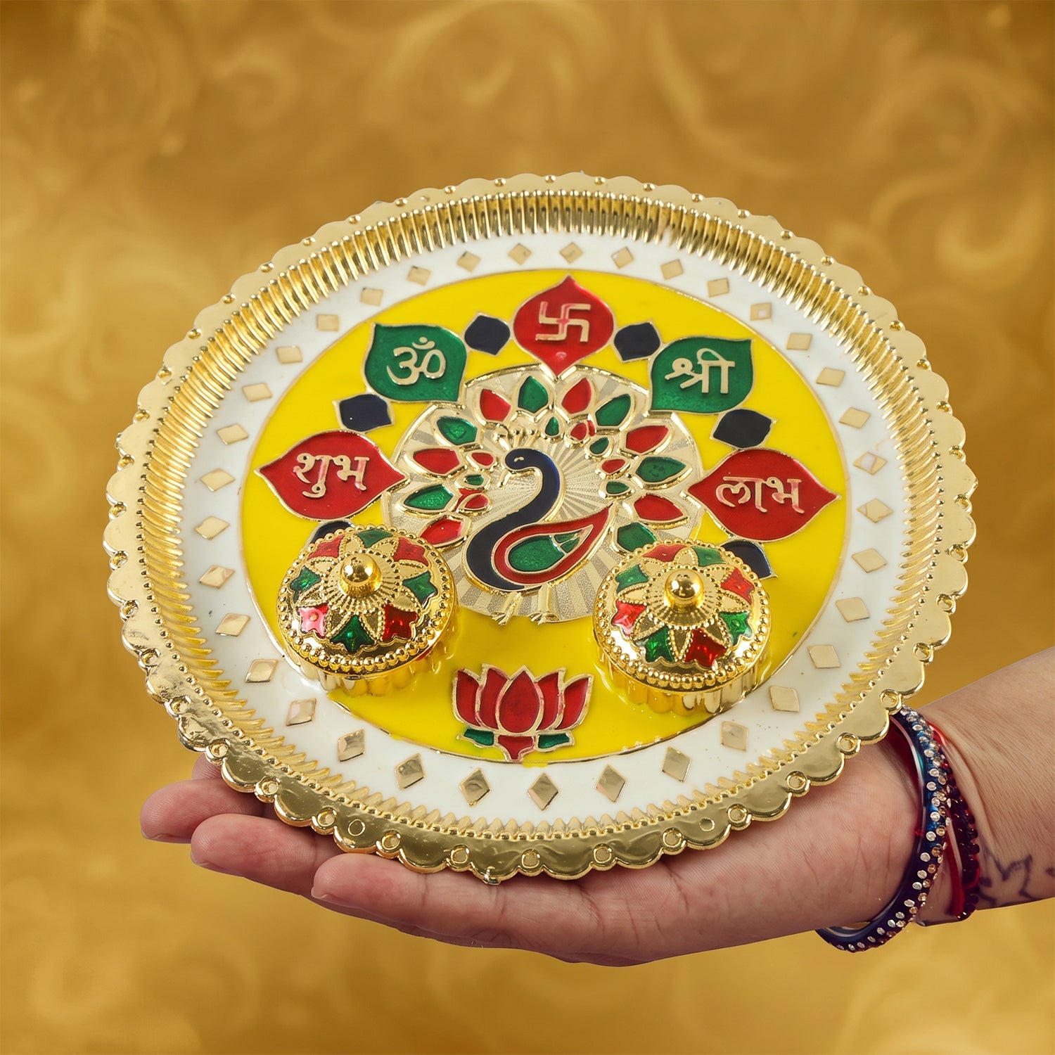 Big golden puja plate with bowls for temple and home worship