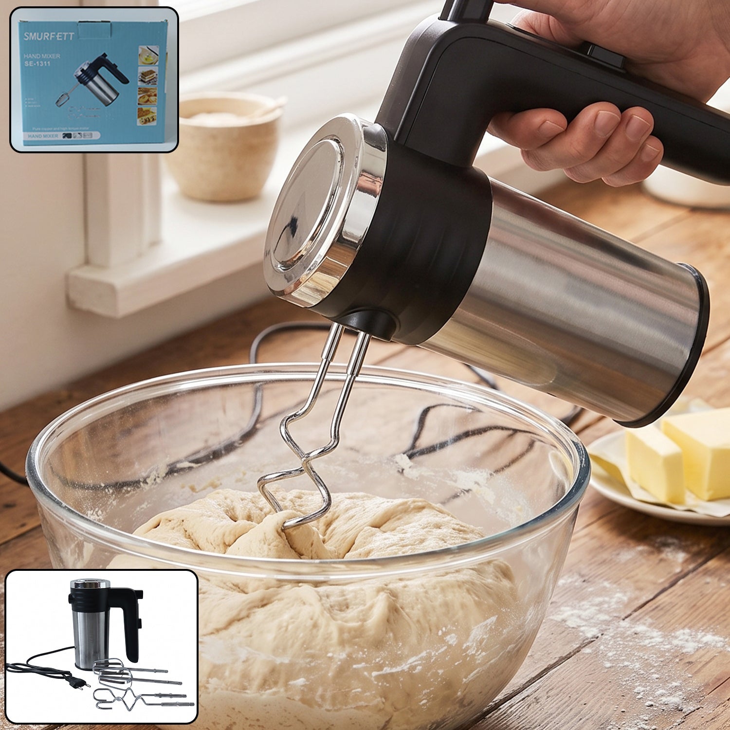 500W handheld mixer with whisk beaters and dough hooks for cakes