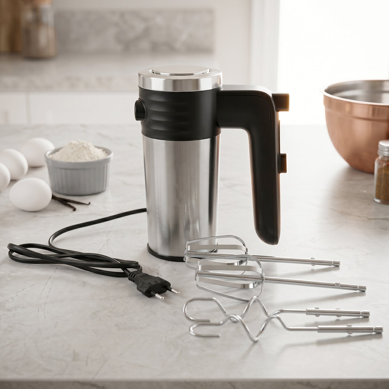 Multi speed hand mixer with stainless steel beaters for baking