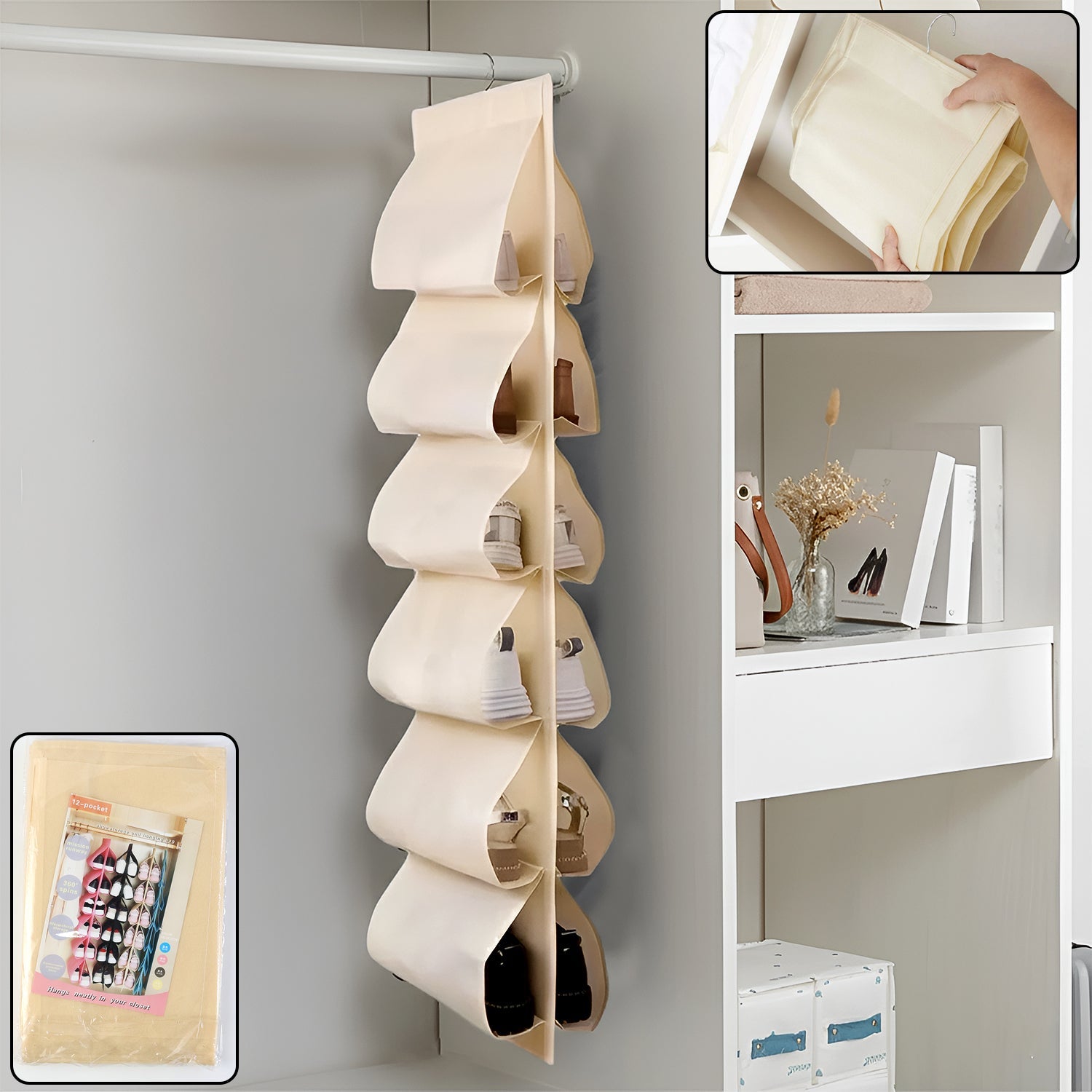 12-pocket hanging shoe organizer bag in bright mixed colors