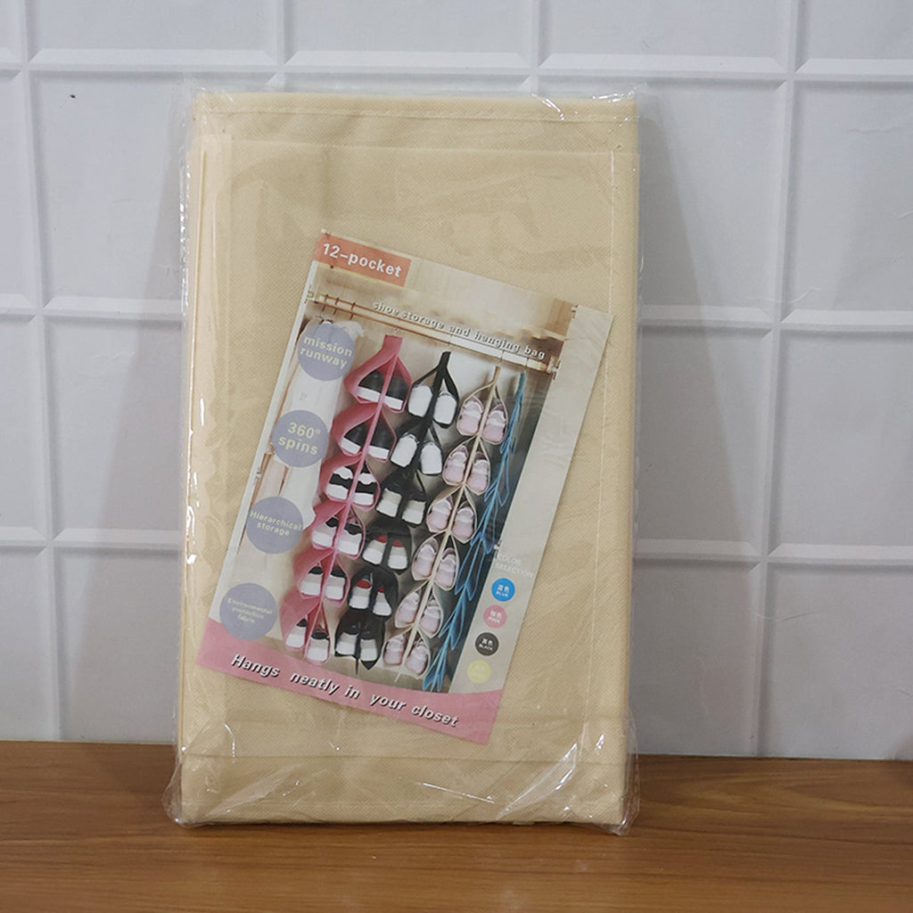 Space-saving hanging shoe organizer bag hanging in wardrobe