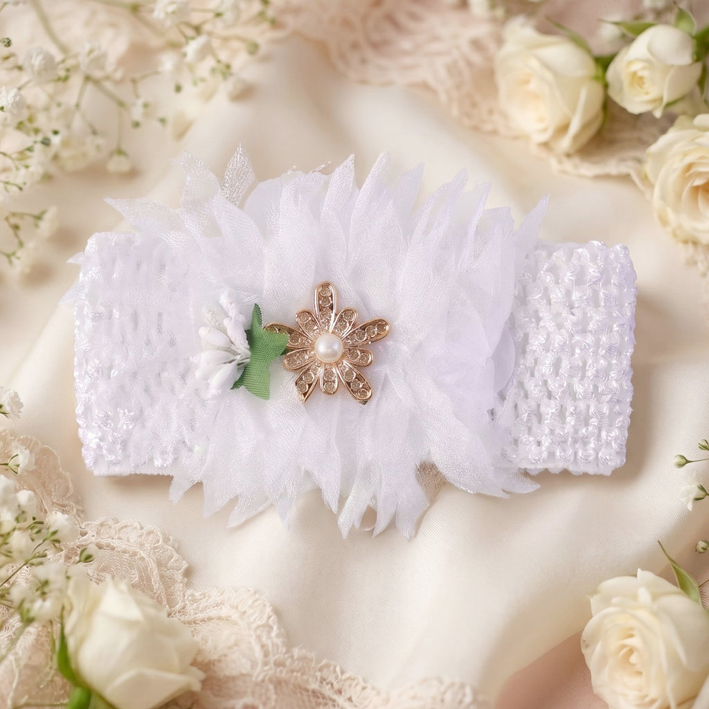 Baby headband with floral bow in pastel colors, gentle on sensitive skin