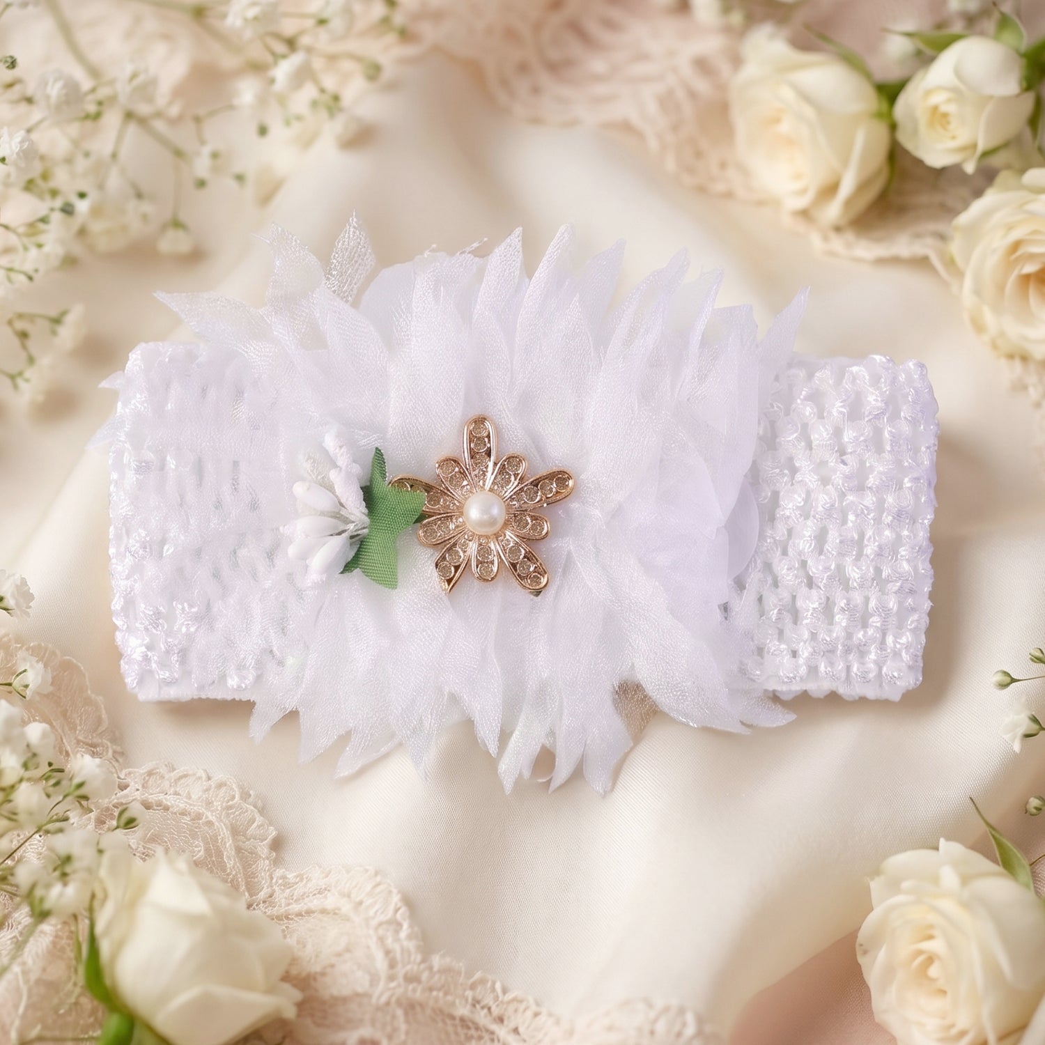 Baby headband with floral bow in pastel colors, gentle on sensitive skin