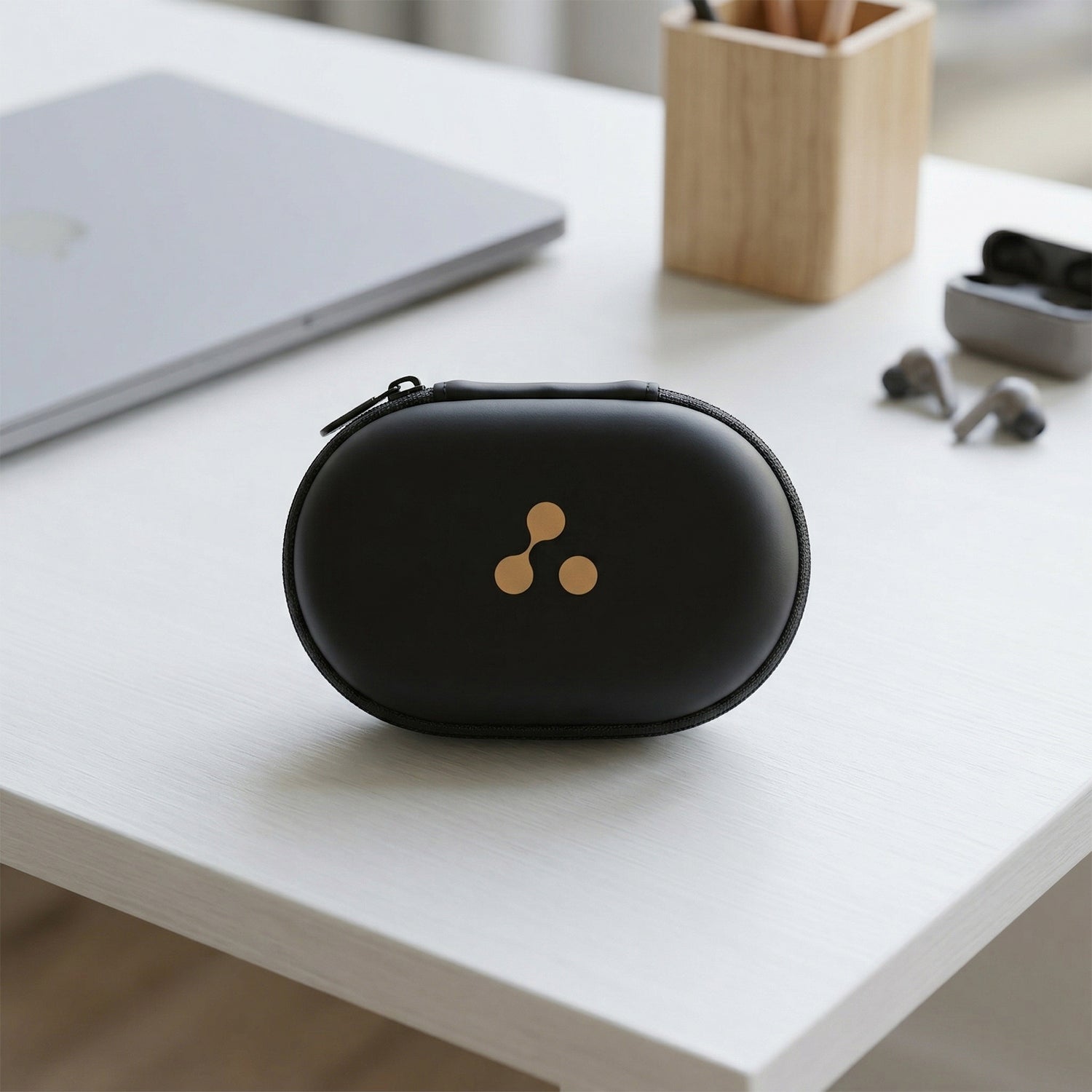 Front view of the compact portable case for wireless earbuds.