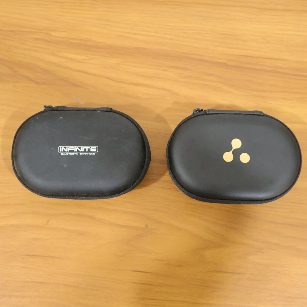 Close up of the zippered earphone pouch for secure storage.