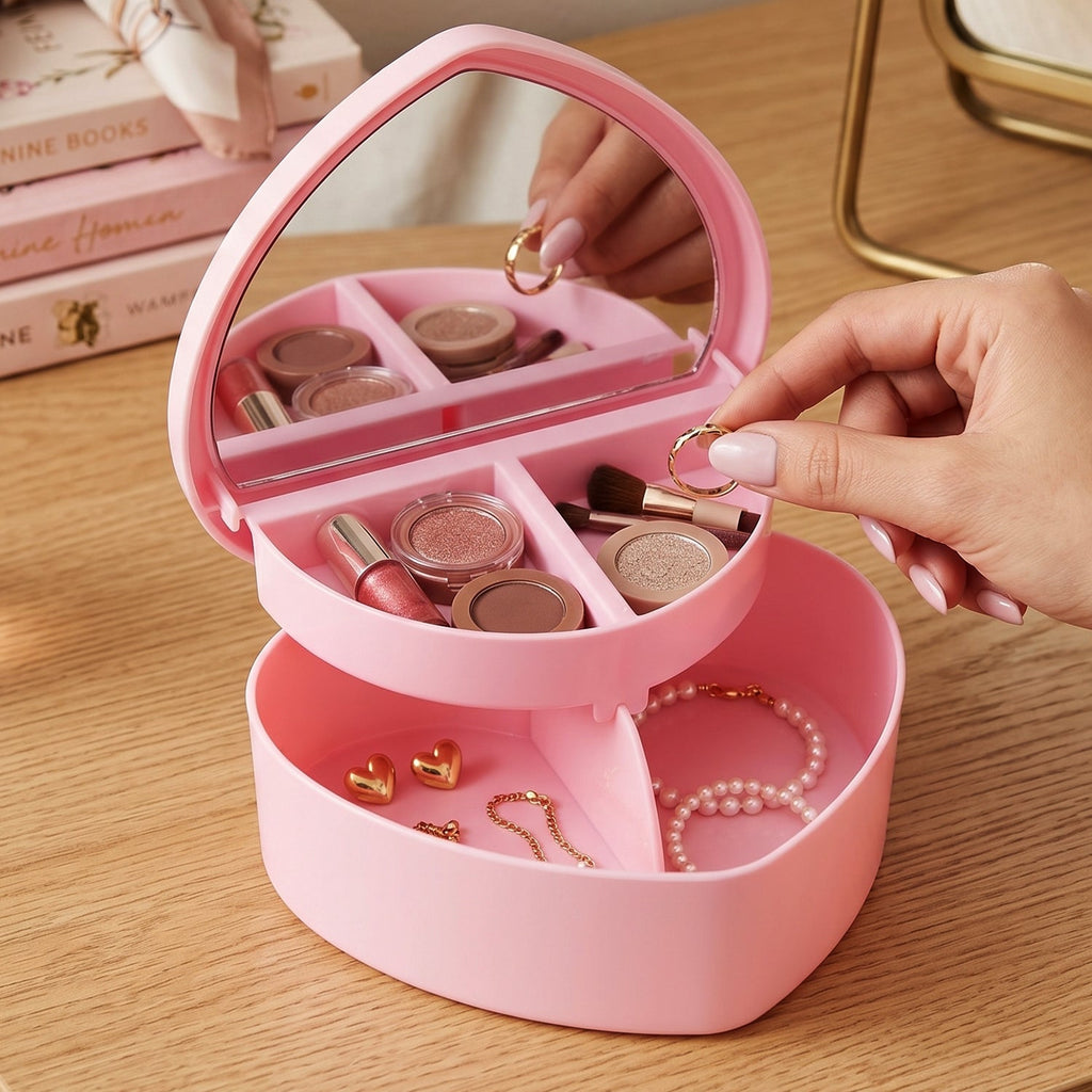 Compact makeup storage box with tray and mirror beauty accessories