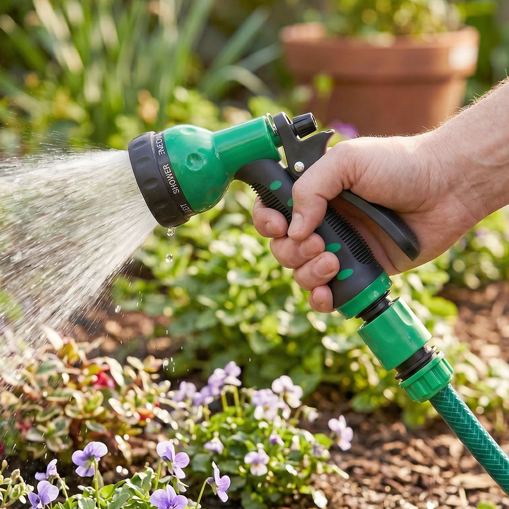 Versatile garden hose spray gun for watering plants and rinsing outdoor surfaces