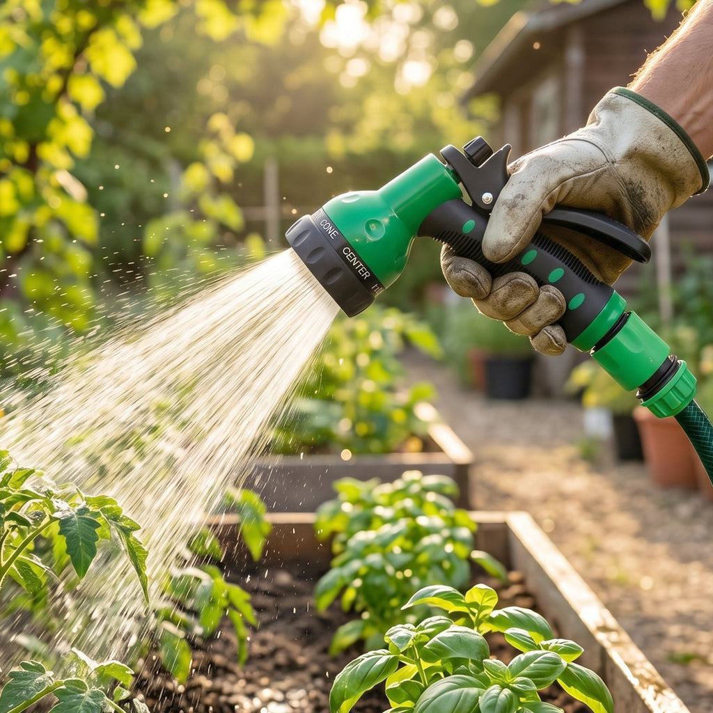 Multi-pattern garden water spray gun in green and black for outdoor use