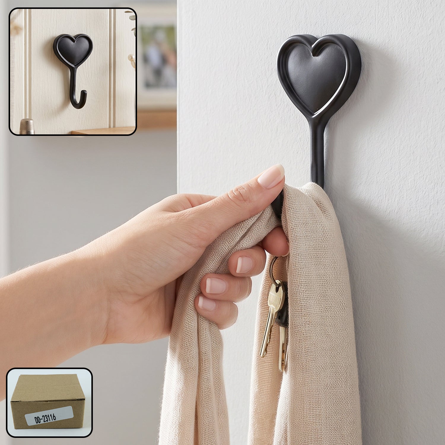 Heavy duty self adhesive wall hook, heart shape key and scarf hanger (1 pc)