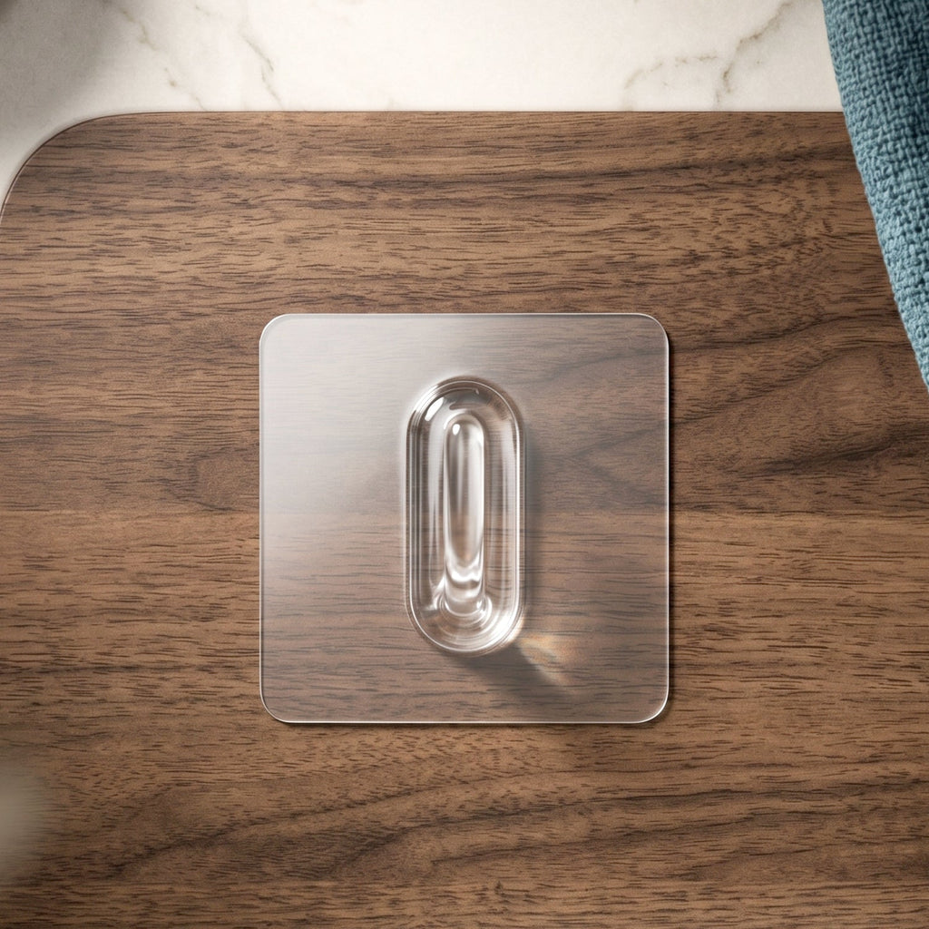 Side view of transparent adhesive wall hook demonstrating its design