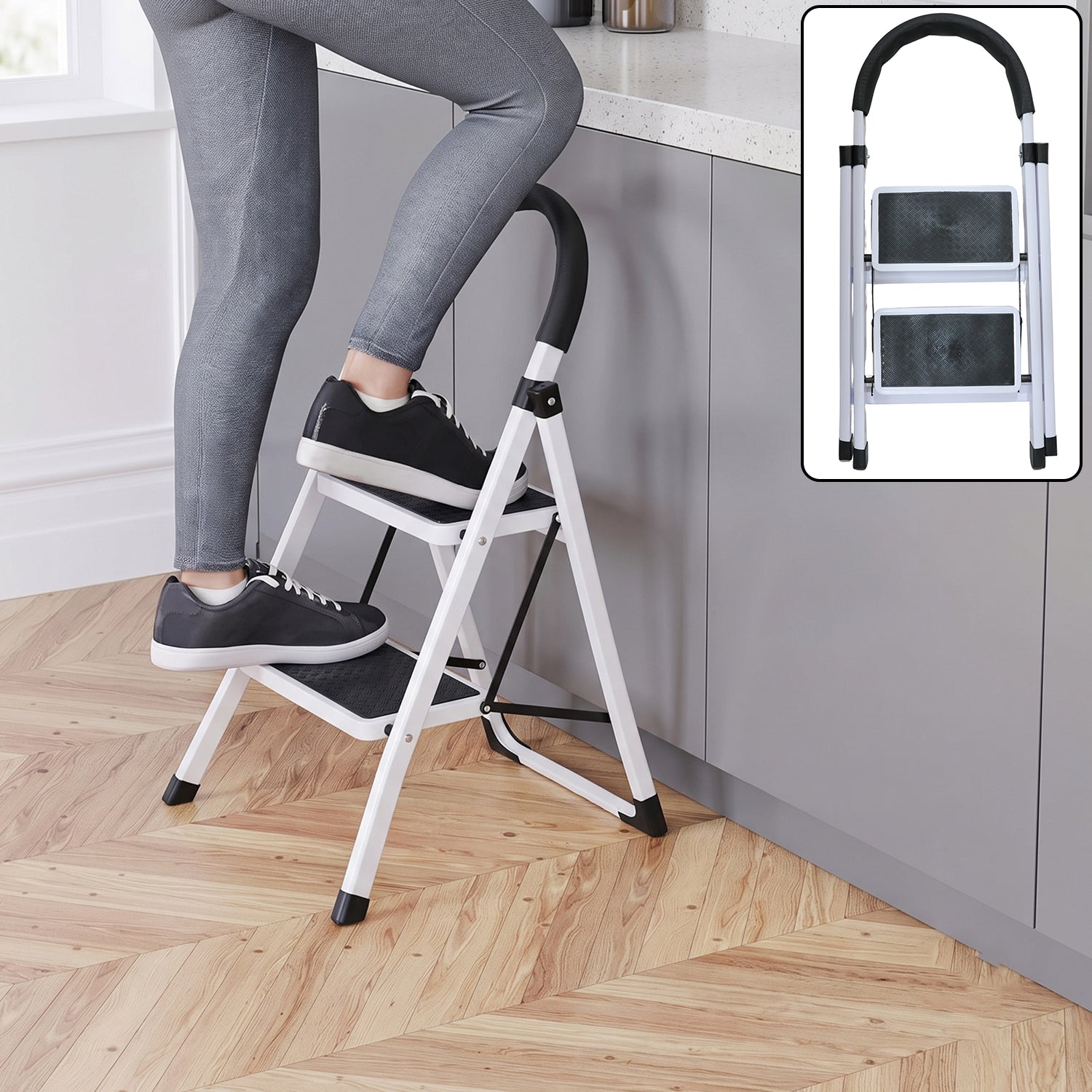 2 step folding ladder with padded handrail and anti slip steel steps (1 pc)