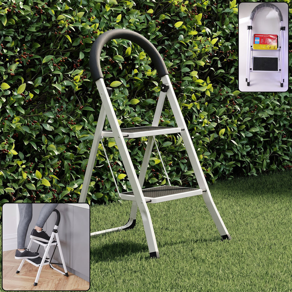 Compact 2 step stool ladder with anti slip steps and grip rail
