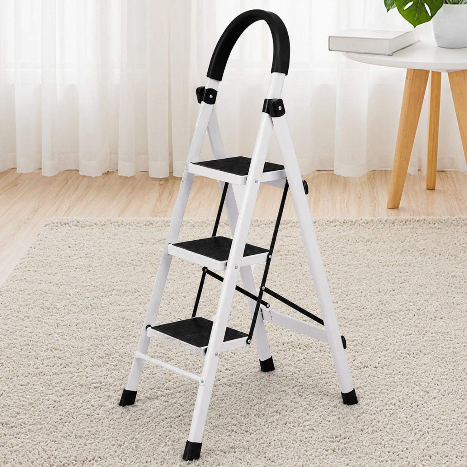 Space saving foldable step ladder for reaching high shelves