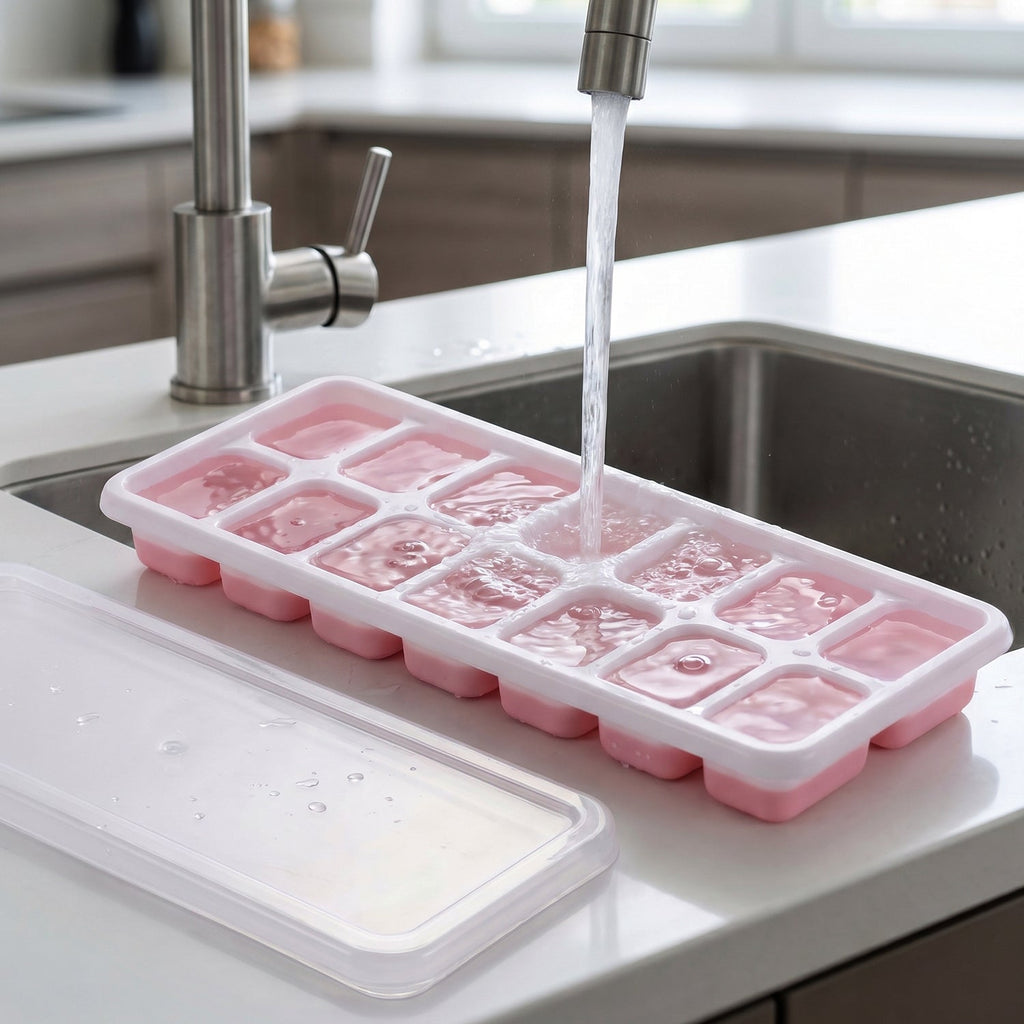 Easy release ice cube tray with lid in freezer