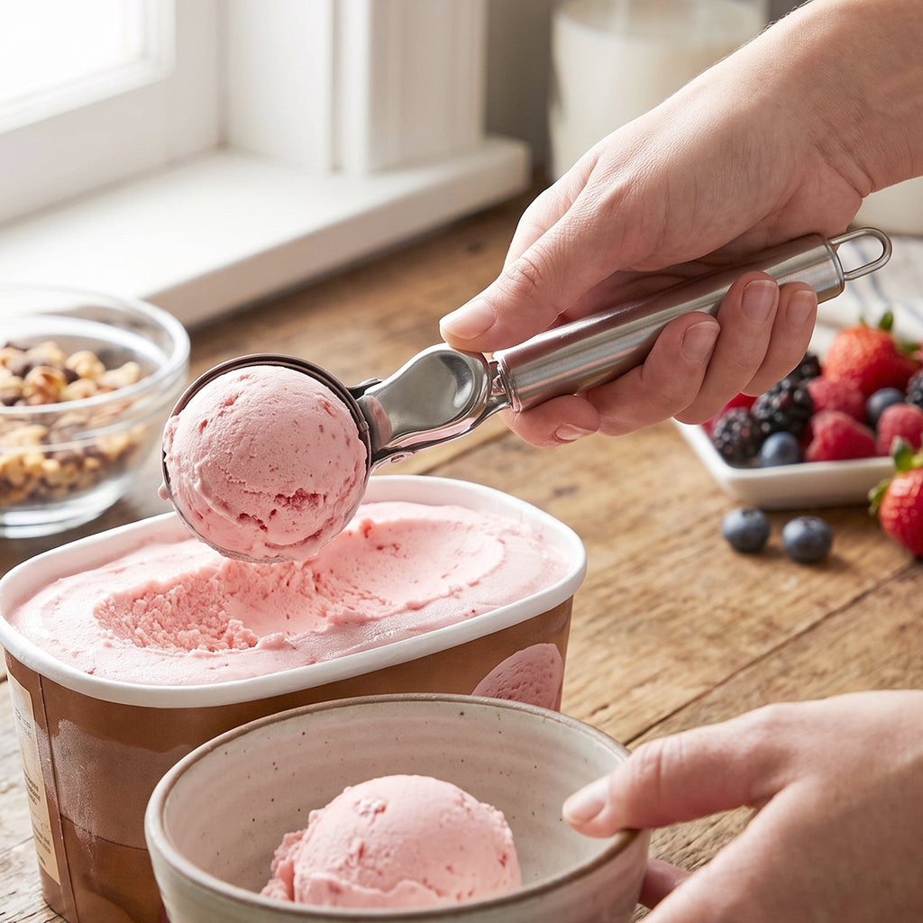 Metal cookie dough scooper with squeeze trigger for easy release