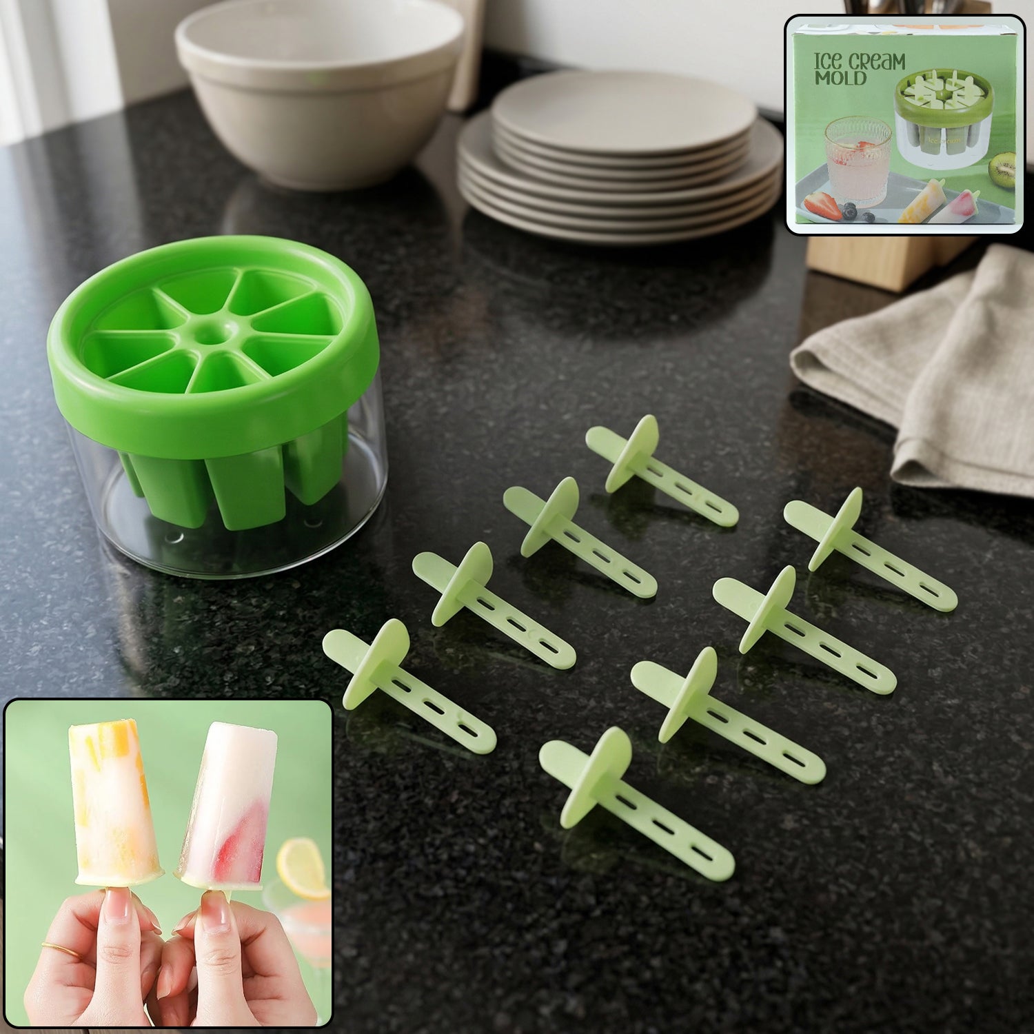 Plastic ice candy mold set with 8 slots for homemade popsicles