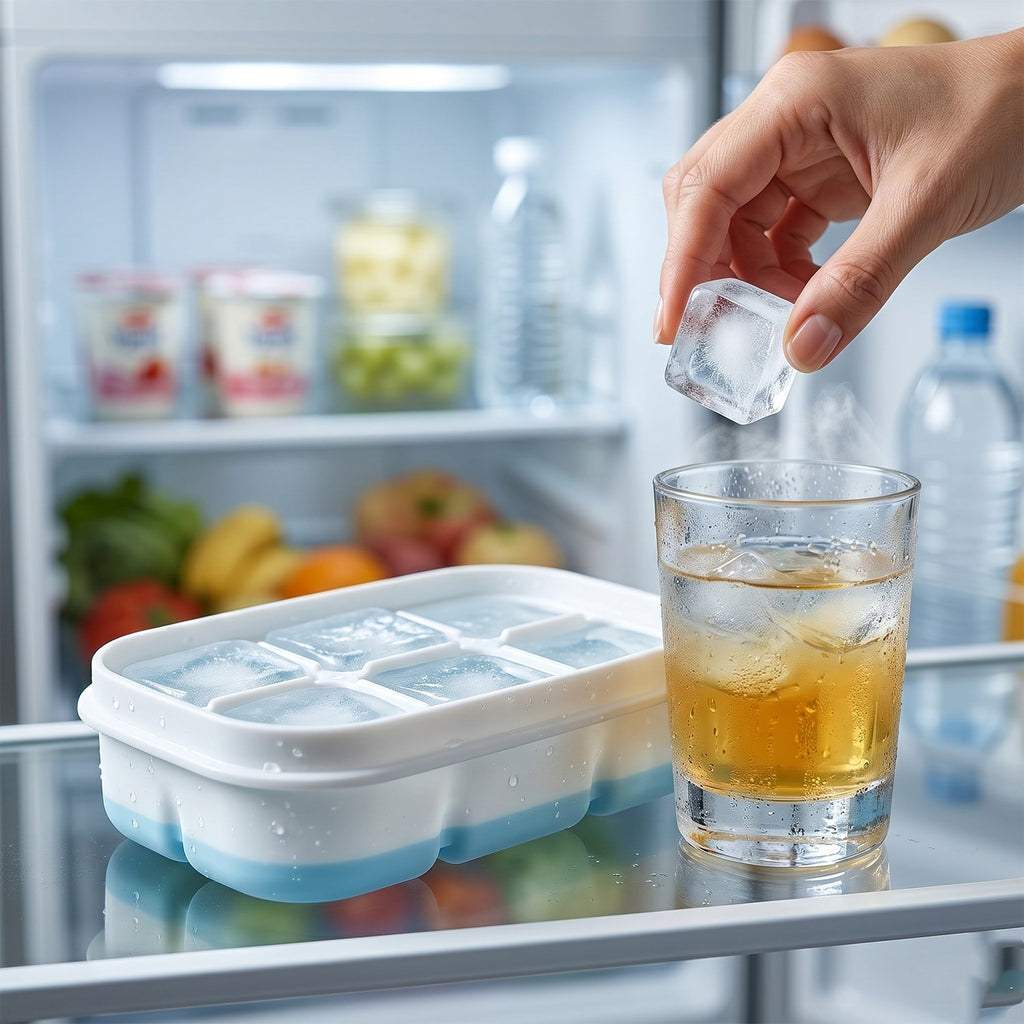 Durable plastic freezer ice tray with an airtight lid to keep ice fresh.