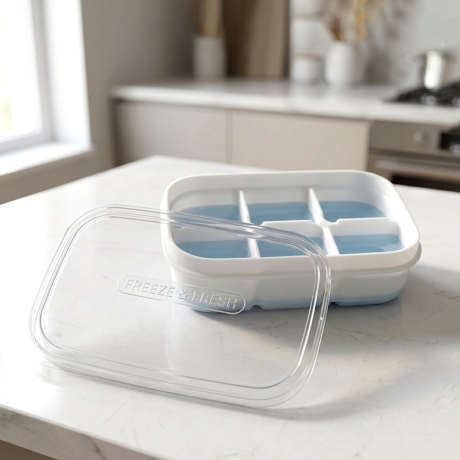 Durable plastic ice cube tray with a secure lid for spill free freezing.