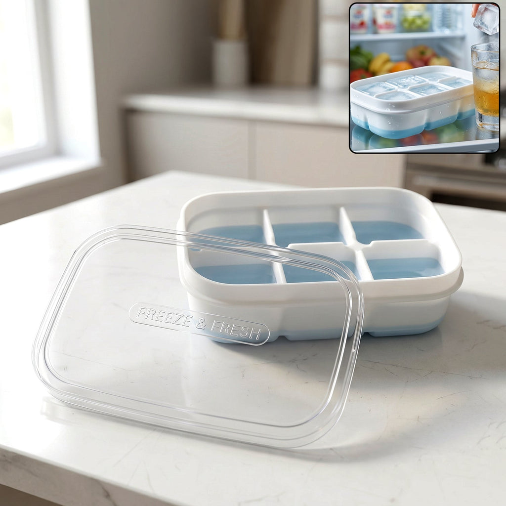 Mini plastic ice cube tray with six cavities and a clear lid for easy freezing.