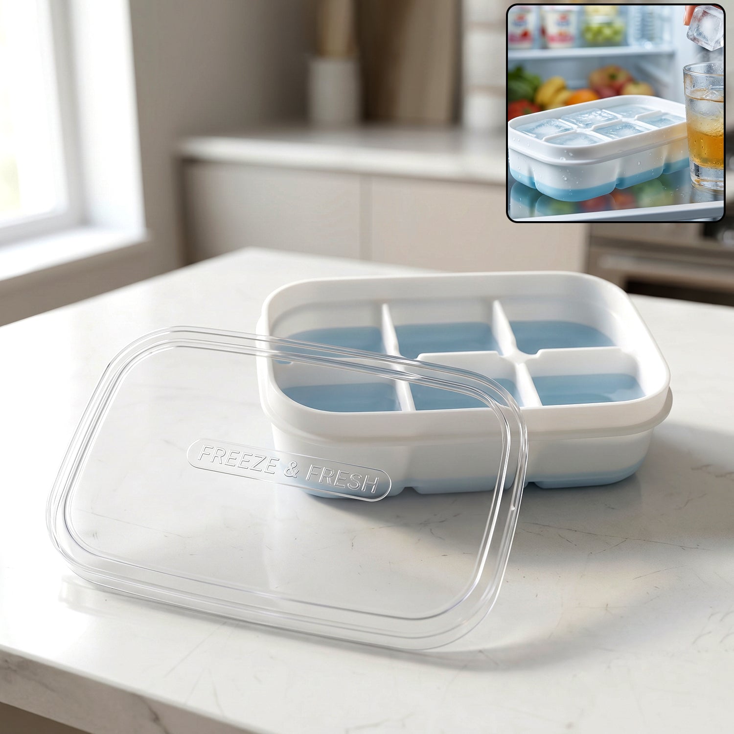 Mini plastic ice cube tray with six cavities and a clear lid for easy freezing.