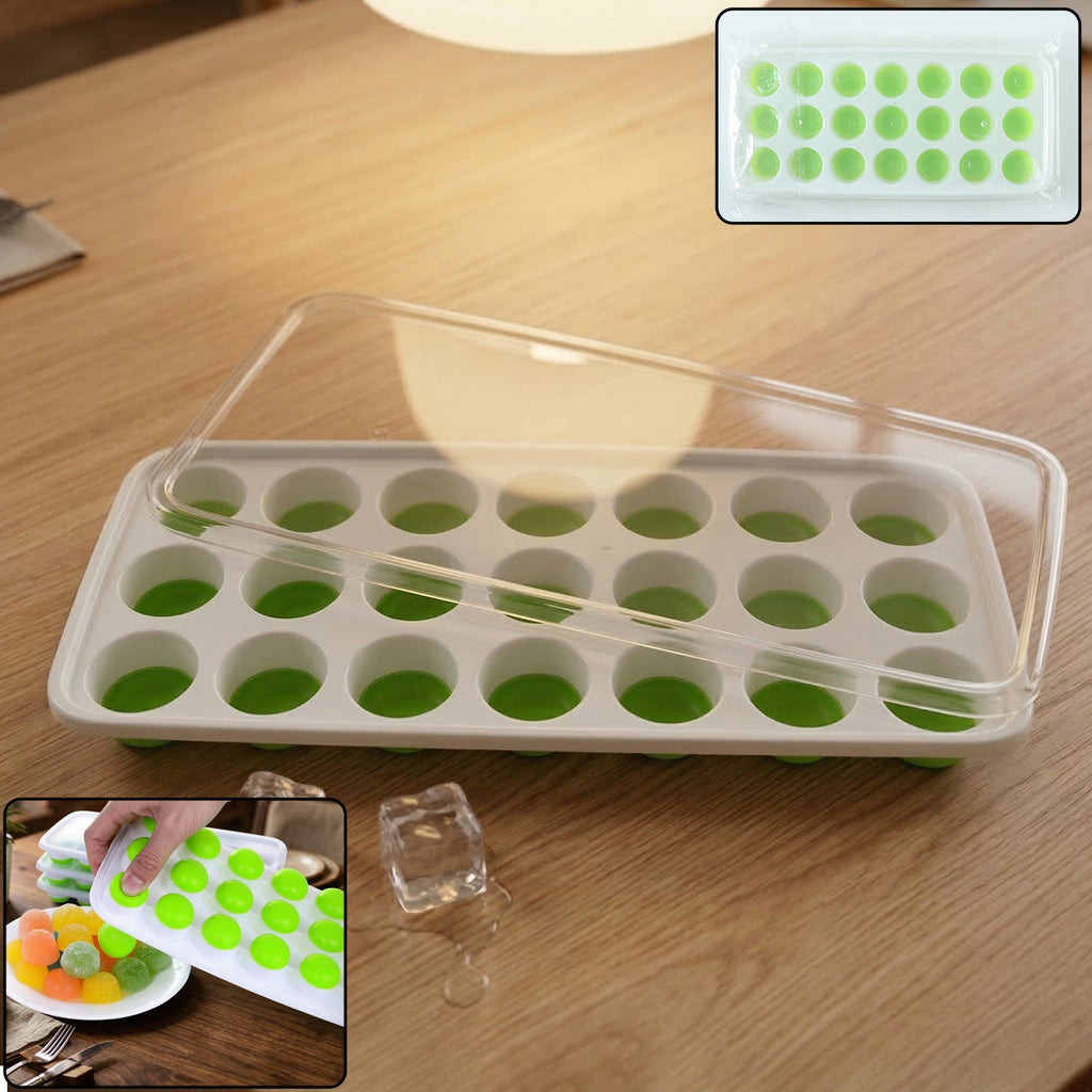 Round plastic ice cube tray with lid showing 21 compartments for making perfect ice balls.