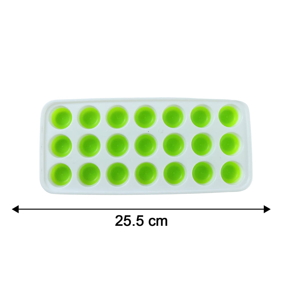 Measurement graphic showing the dimensions of the plastic 21-grid ice cube tray.