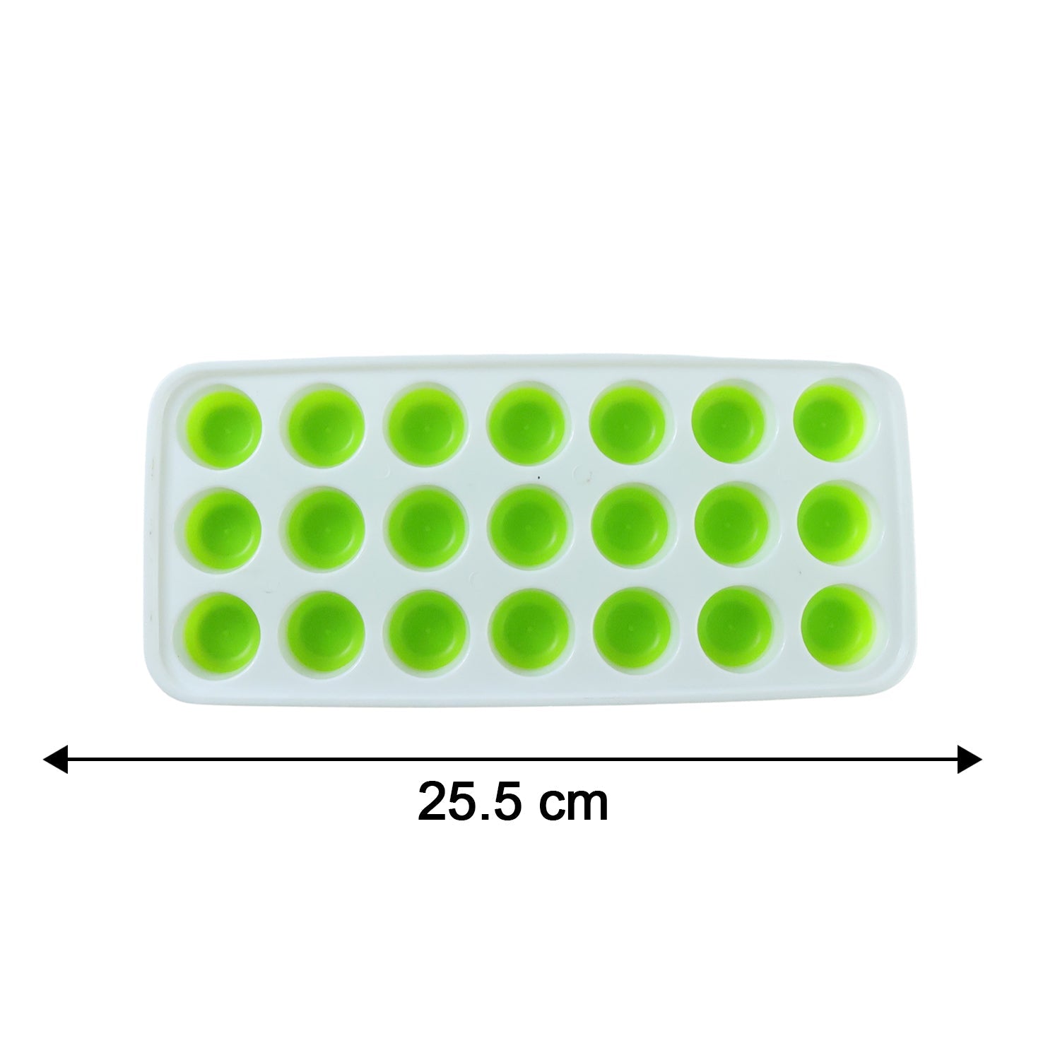 Measurement graphic showing the dimensions of the plastic 21-grid ice cube tray.