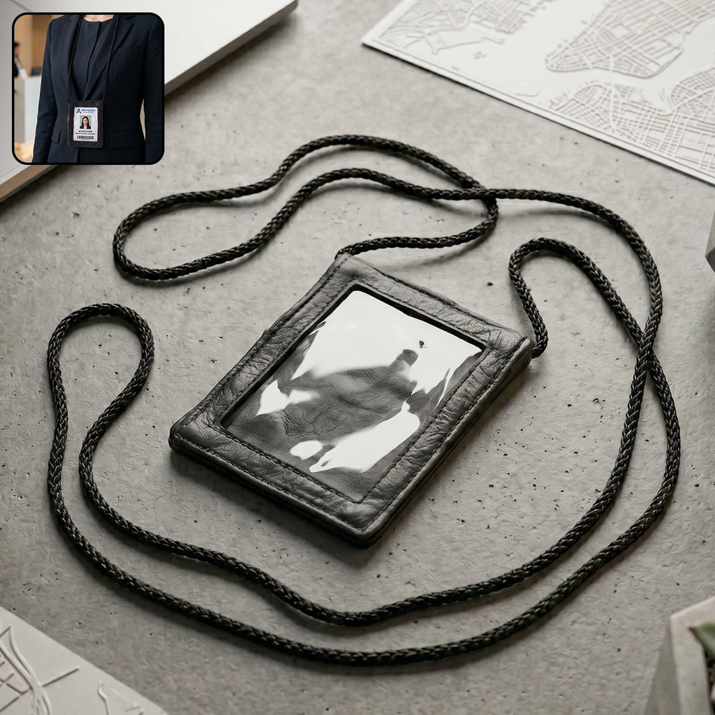 Black leather neck wallet with clear ID window and lanyard for travel and office use