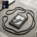 Black leather neck wallet with clear ID window and lanyard for travel and office use