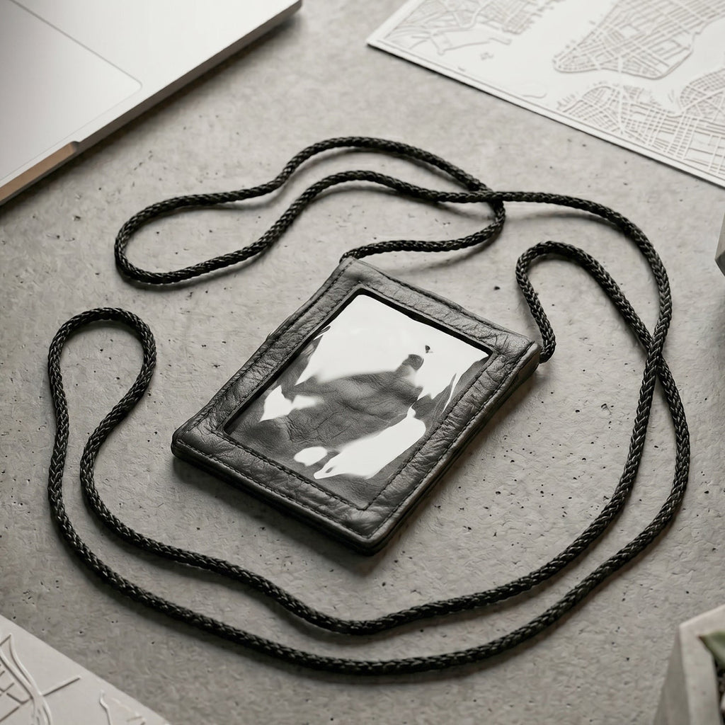 Close-up of the black PU leather neck wallet showing the clear ID window