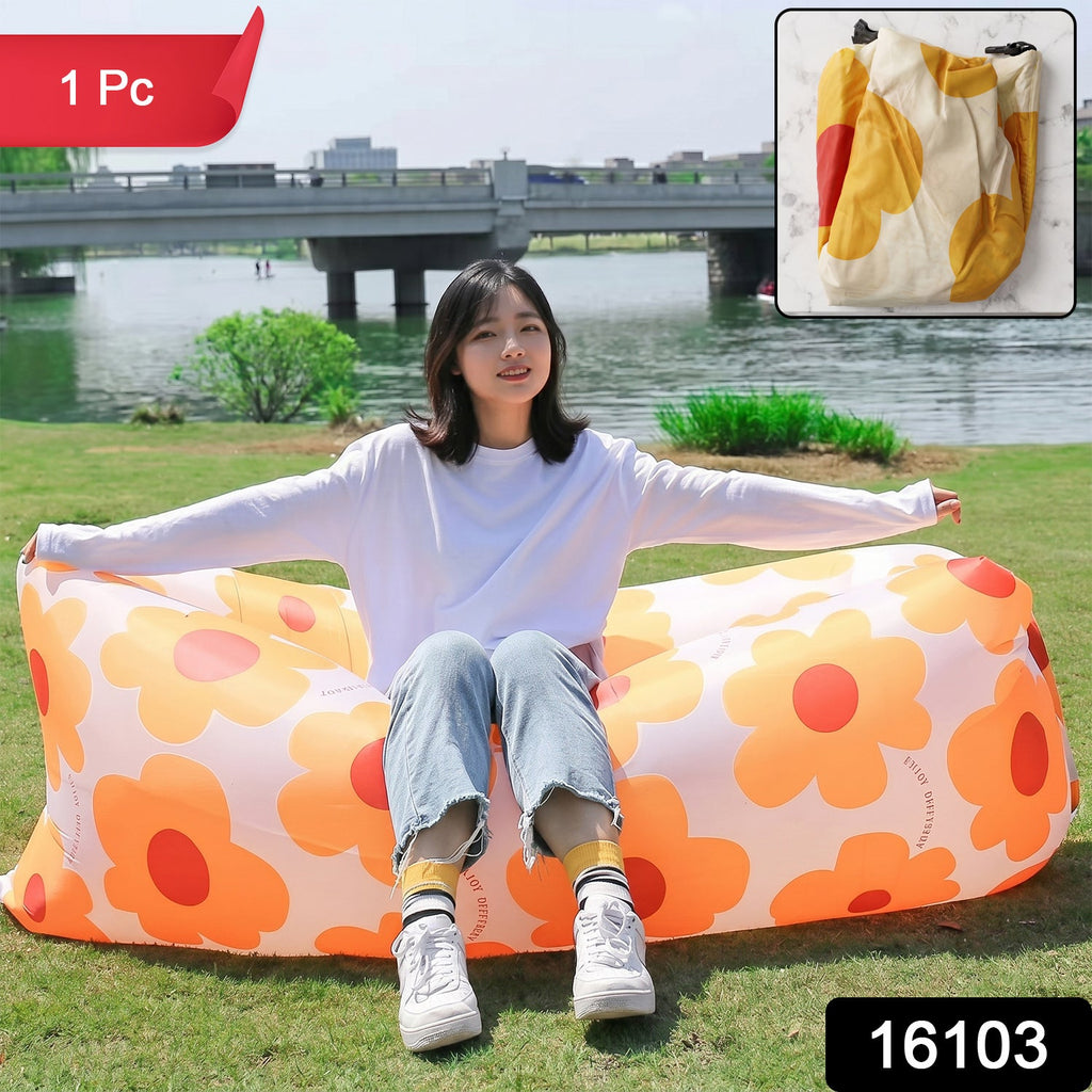 Portable inflatable lazy sofa with bright flower design for outdoor use