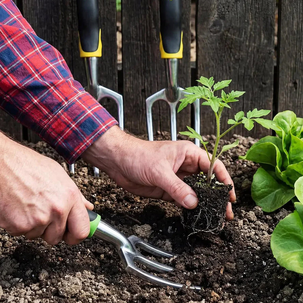 Handheld steel fork for gardening, planting and transplanting