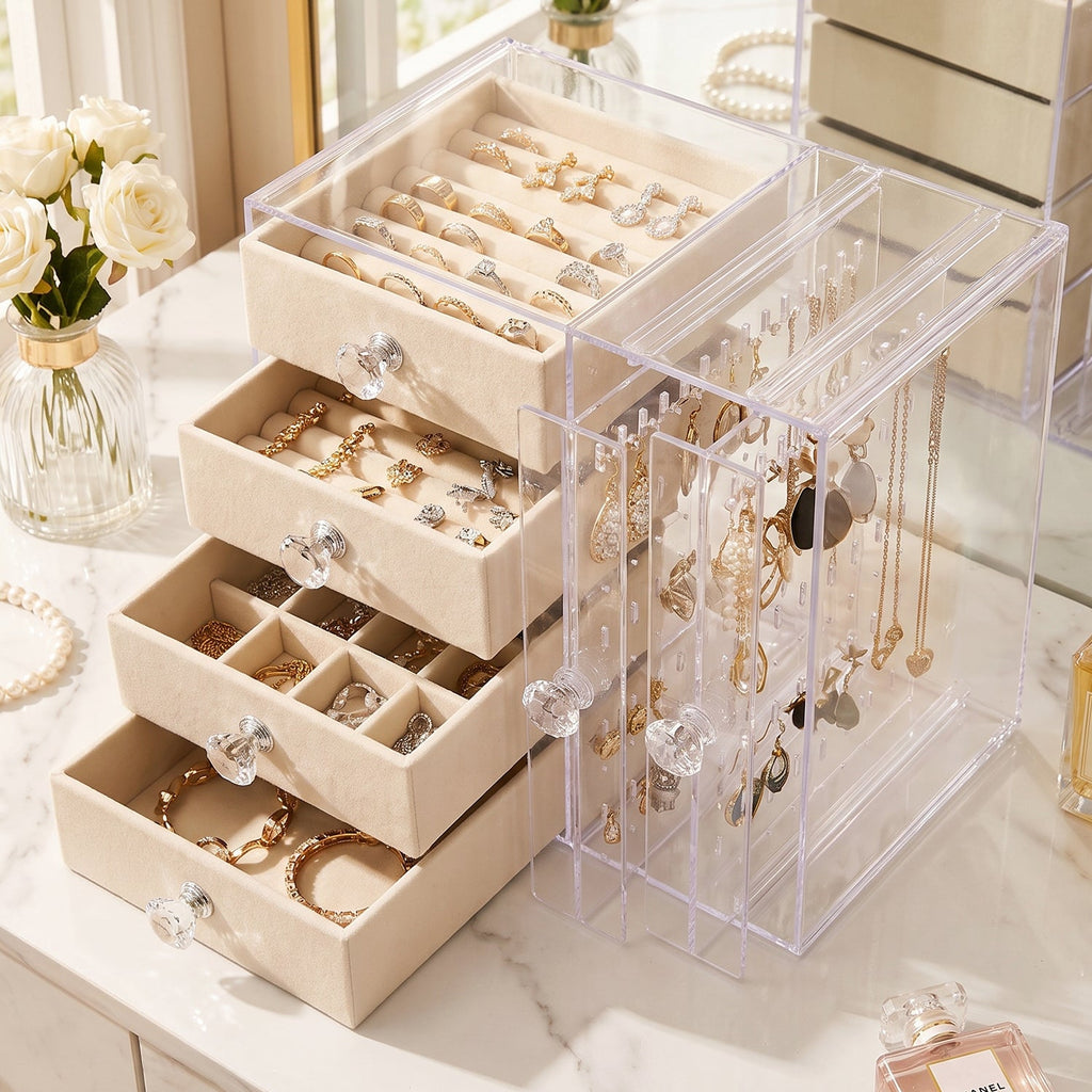 Stackable acrylic box with velvet trays for accessories
