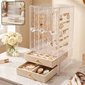 Acrylic jewelry organizer box with 3 hanging panels and 2 drawers for earrings (1 set)