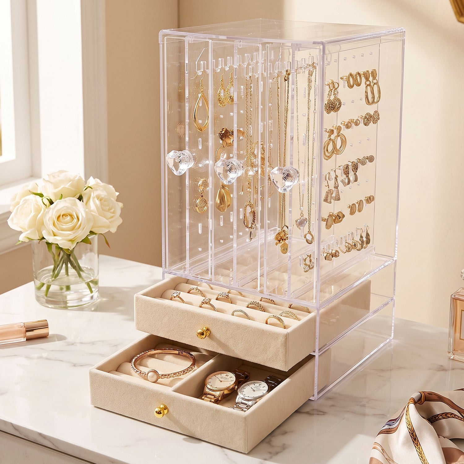 Durable jewellery case with hanging panels and compartments