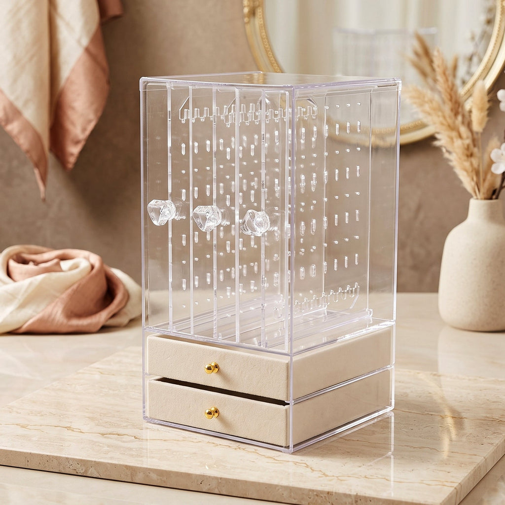 Clear organizer with 3 panels and 2 drawers for accessories