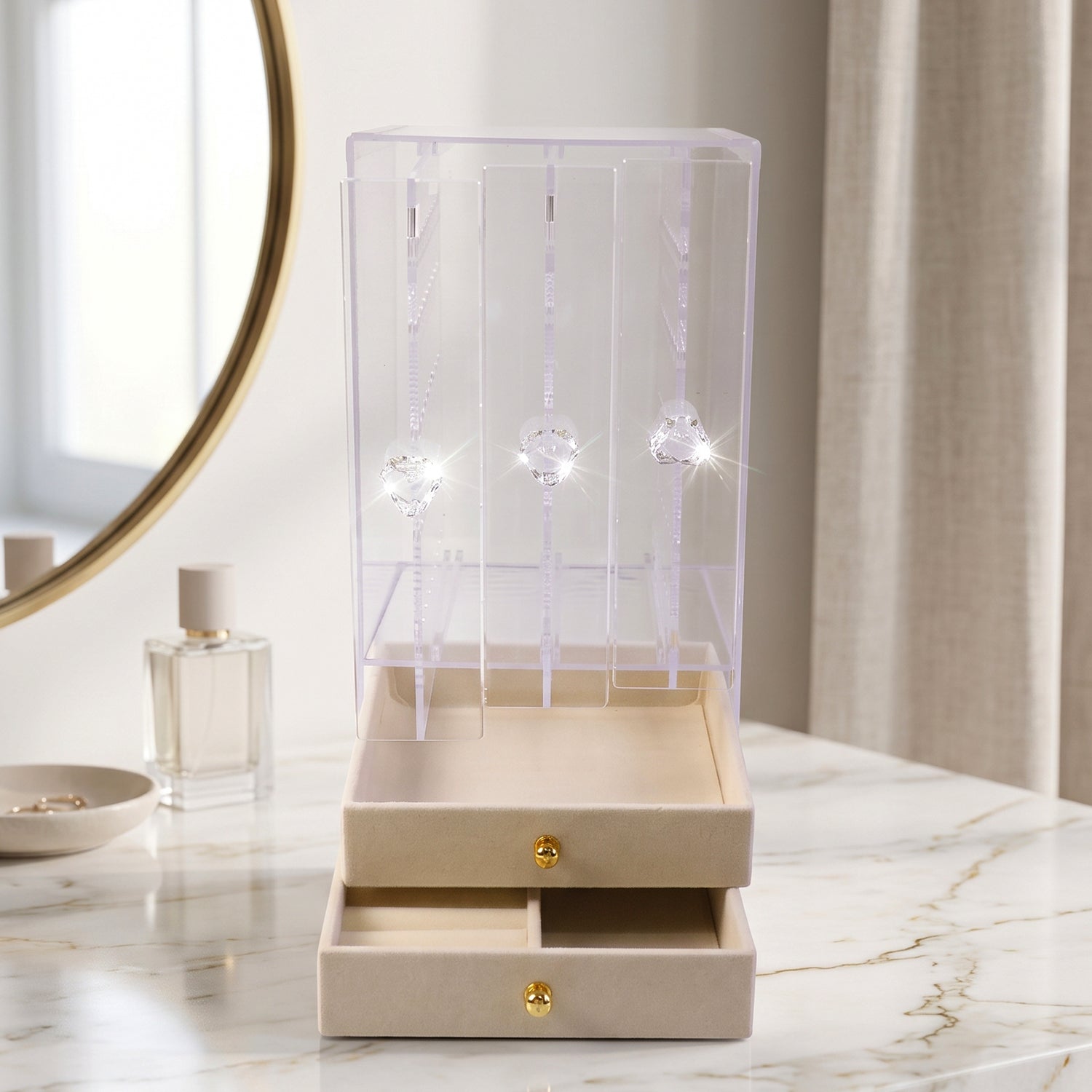 Acrylic earring holder box with two storage drawers