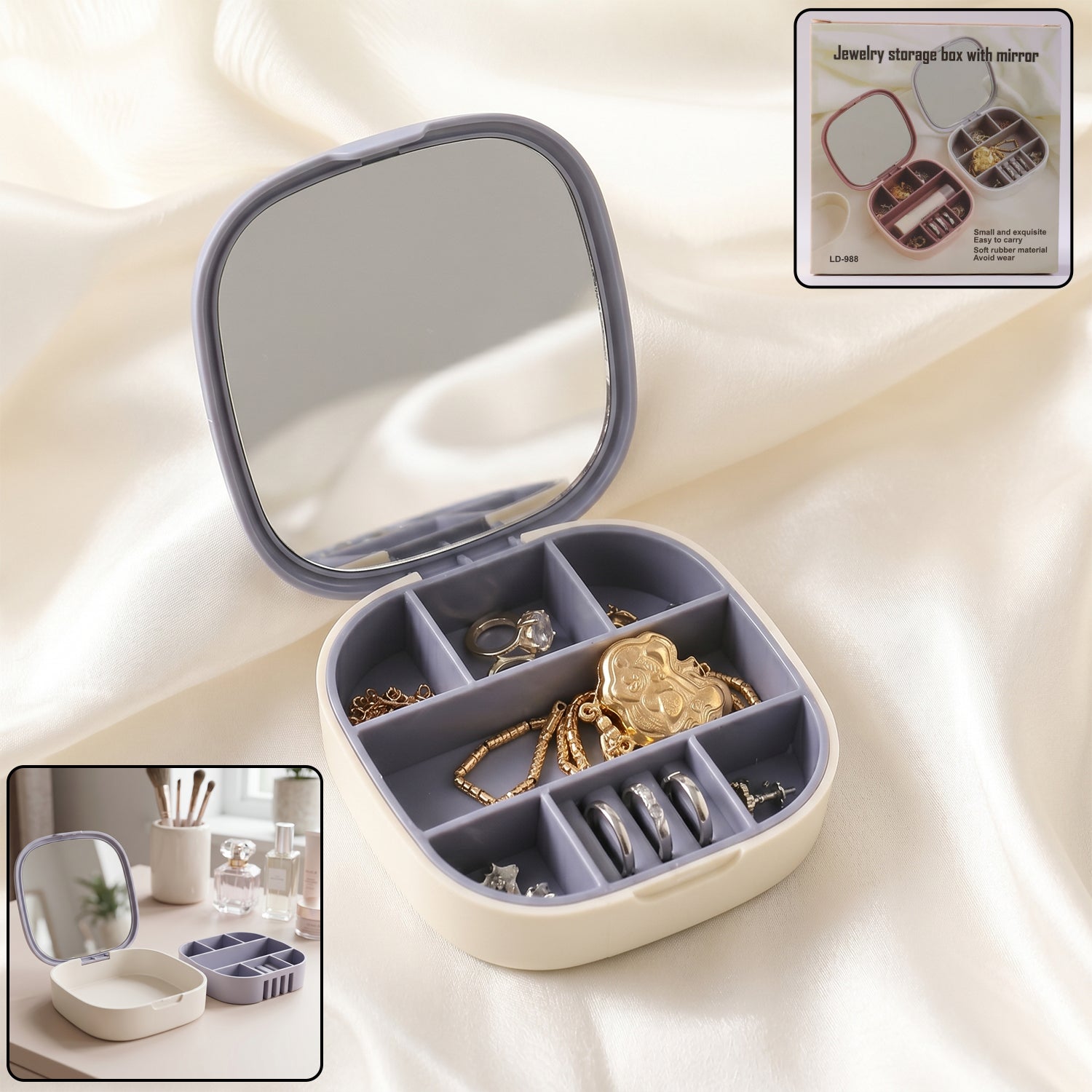 Plastic jewelry storage box with mirror, perfect for travel