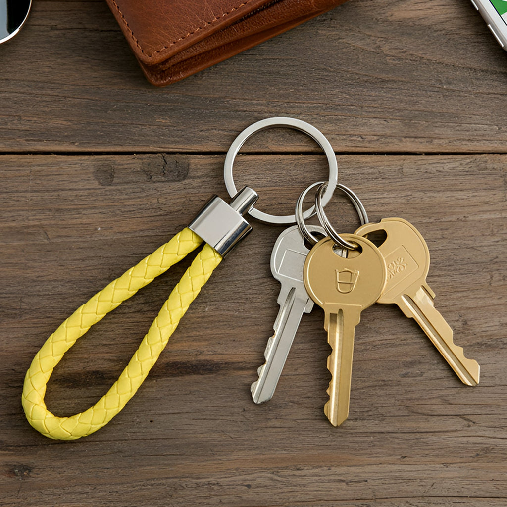 Close-up of a single braided loop keychain with a sturdy metal ring