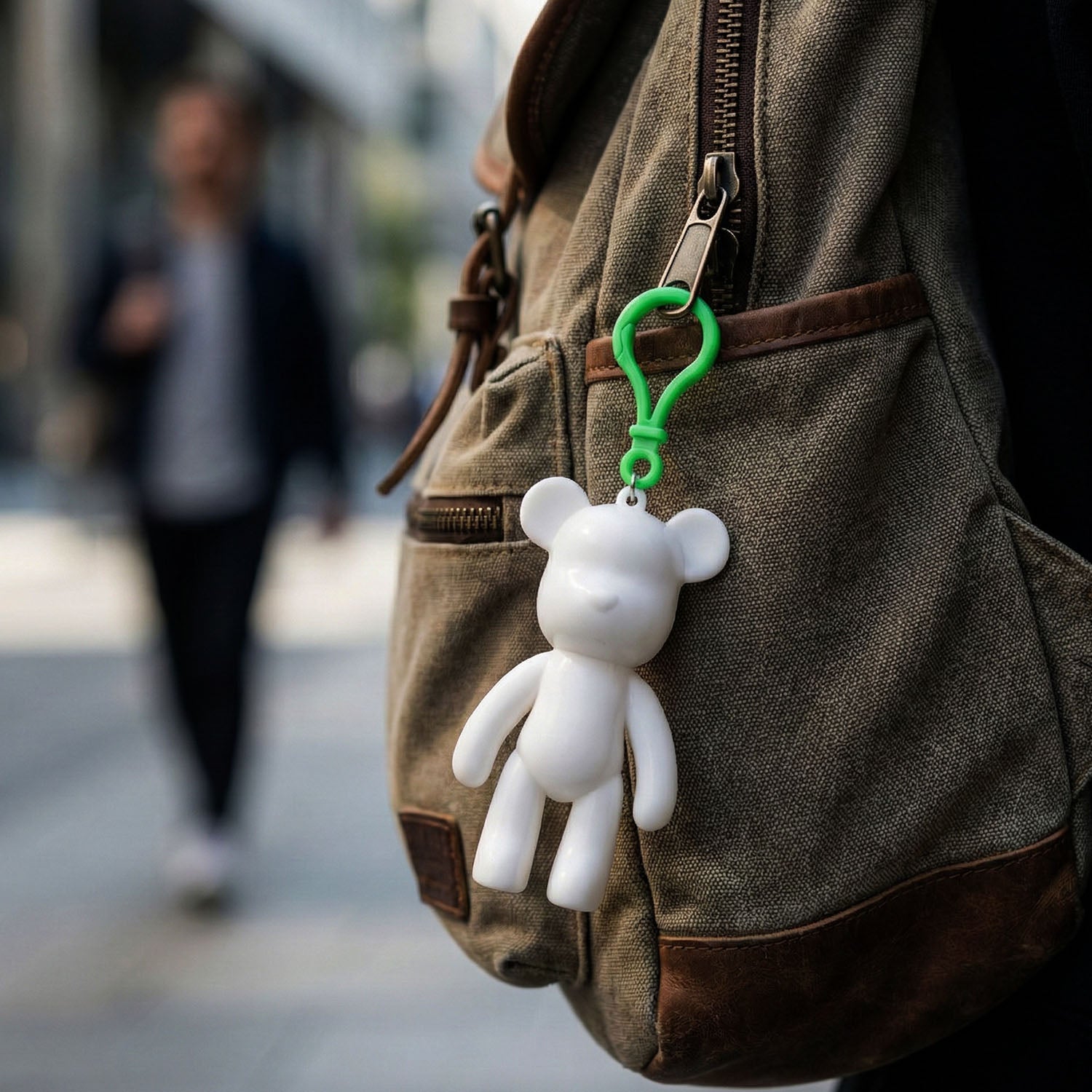 Bear shaped decorative keychain hooked on a backpack zipper