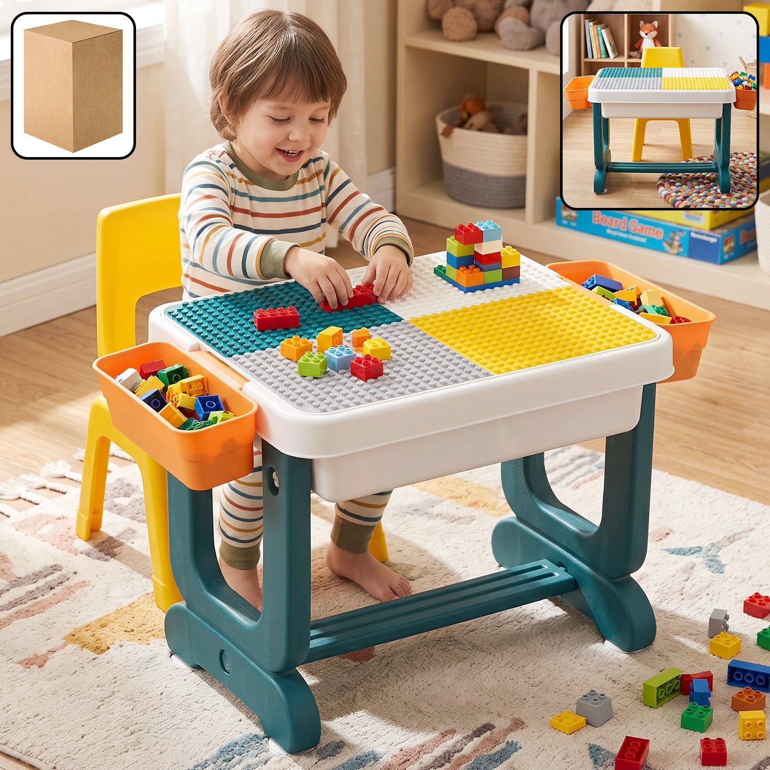 Kids building block activity table and chair set with storage bins (2 pc set)