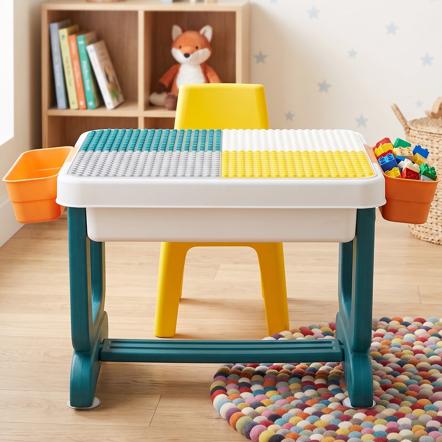Activity table and chair set with block baseplate for kids