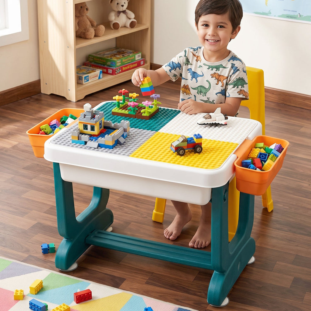 Plastic building block play table with storage for toys